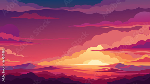 Vector art of dramatic sunset landscape with vibrant clouds and distant mountains, creating a captivating and serene atmosphere in the beauty of natures colorful display
