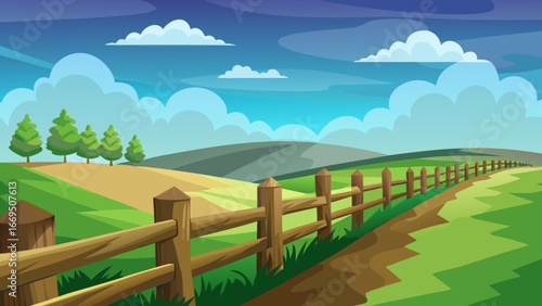 Vector art of idyllic countryside landscape featuring a wooden fence, green fields, rolling hills, and a bright blue sky with fluffy clouds, creating a serene and peaceful scene