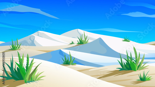Vector art of desert landscape featuring rolling sand dunes, sparse green vegetation, and a clear blue sky, capturing the beauty and serenity of the arid environment