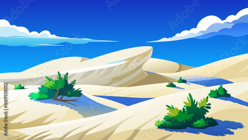 Vector art of vast desert landscape with rolling sand dunes, sparse vegetation, and a clear blue sky, evoking a sense of tranquility and adventure