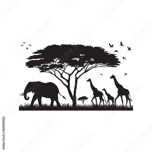 Panoramic silhouette of an African savanna landscape with safari animals, including an elephant and a family of giraffes under an acacia tree.
