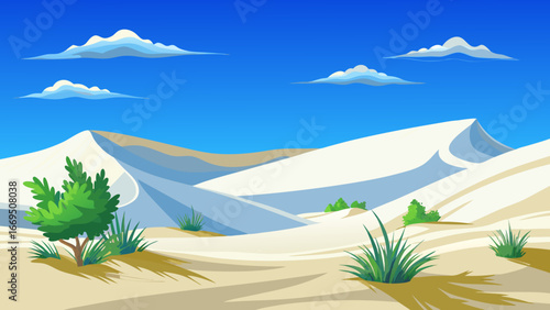 Vector art of scenic desert landscape with sand dunes, blue sky, and sparse vegetation, creating a tranquil and picturesque natural environment for travel and exploration