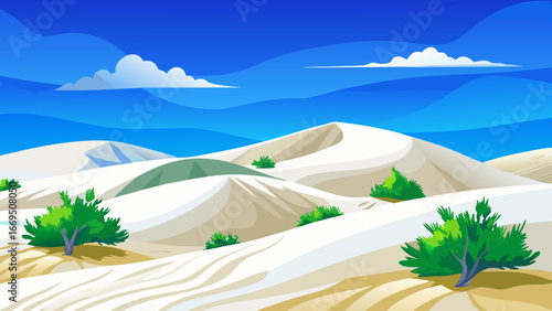 Vector art of vibrant desert landscape featuring rolling sand dunes, scattered vegetation, and a clear blue sky, ideal for illustrating travel, adventure, and natural beauty
