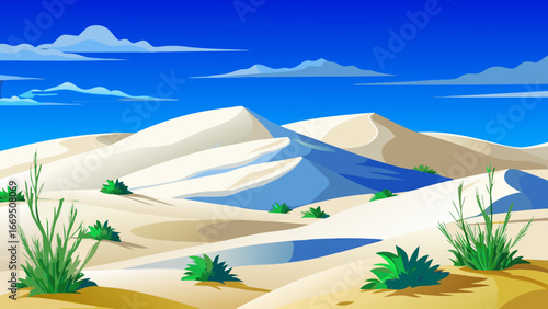 Vector art of expansive desert vista with towering sand dunes, sparse greenery, and a bright blue sky, perfect for conveying themes of exploration, solitude, and natural wonder