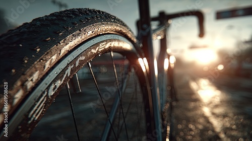 Sunlight, road bike tires, close-up, cinematic texture