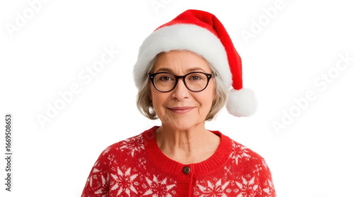 Elderly woman in Santa hat and holiday cardigan on transparent png background