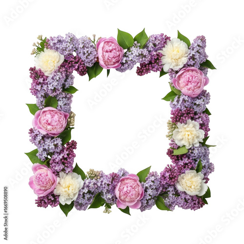 Square floral frame with peonies and lilacs isolated on transparent background
