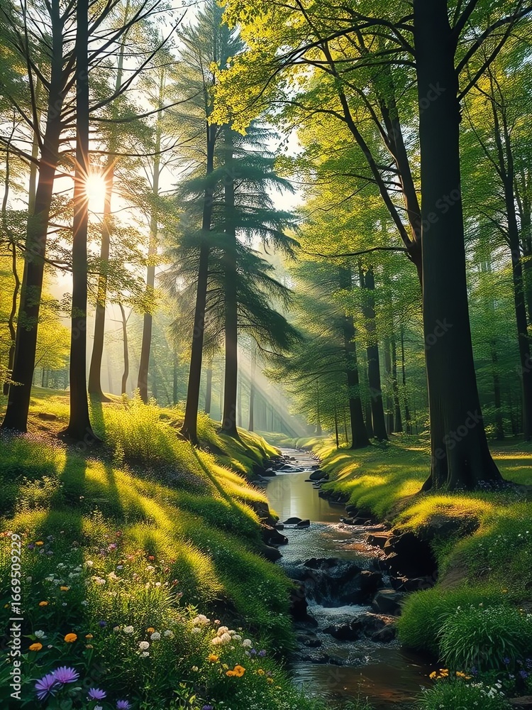Obraz premium an image of a stream running through a forest filled with trees, there is a stream running through a forest with trees and flowers