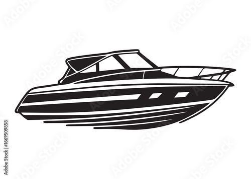 Racing Speed Boat Black Silhouette Vector Illustration on Water.