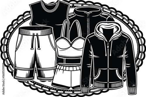 Vector art of assortment of activewear and athleisure clothing including shorts, tank top, hoodie, and jacket.