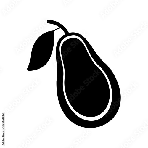 Simple, monochrome, minimalist, graphic illustration of a ripe pear fruit with leaf