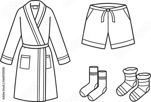 Vector art of cozy loungewear set with a bathrobe, shorts, and socks, perfect for relaxation at home.