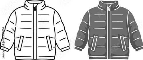 Illustration of two puffer jackets, one in outline and one in gray