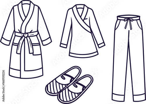 Vector art of comfortable loungewear set with robe, top, pants, and slippers for relaxation at home.