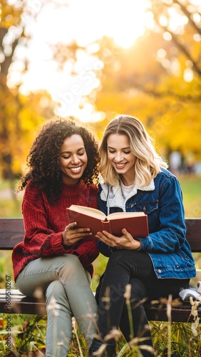 Two women reading a book in autumn park