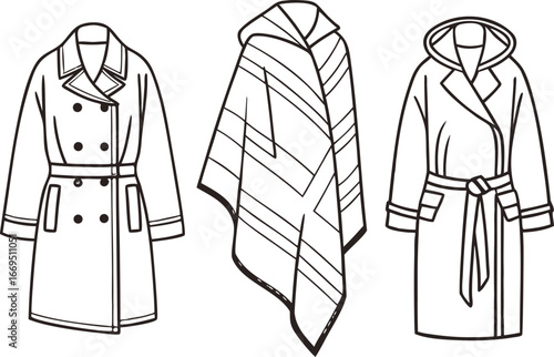 Vector art of collection of three different styles of outerwear, including a double breasted trench coat, a poncho, and a hooded coat.