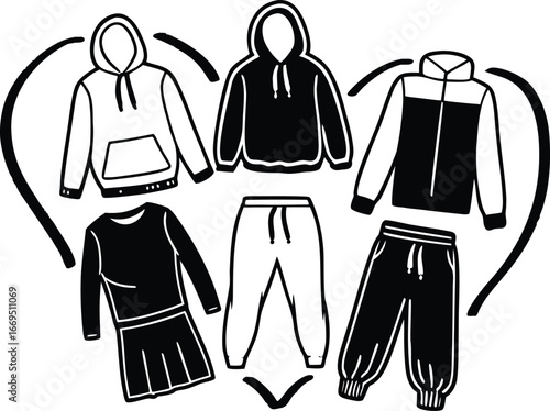 Vector art of collection of casual sportswear for men and women, including hoodies, tracksuits, and joggers, arranged in a heart shape on transparent background.