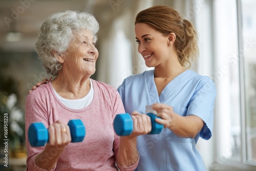 Nursing staff helping senior woman with weights during a rehabilitation session at a healthcare facility in the afternoon, promoting physical activity and wellness