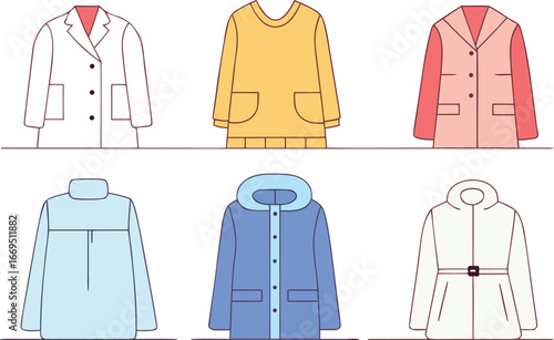 Vector art of selection of six modern coats and jackets in different colors