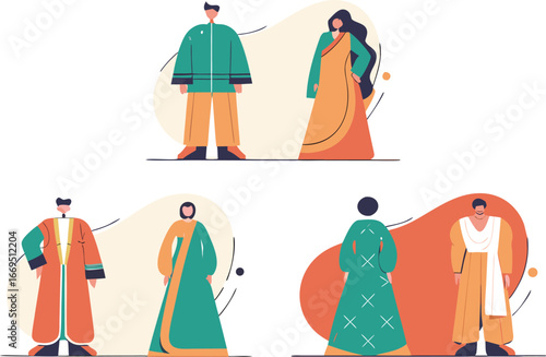 Vector art of diverse group of people wearing traditional indian clothing like sarees and kurtas
