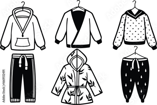 Vector art of collection of casual winter clothing for men and women, including hoodies, jackets, and pants