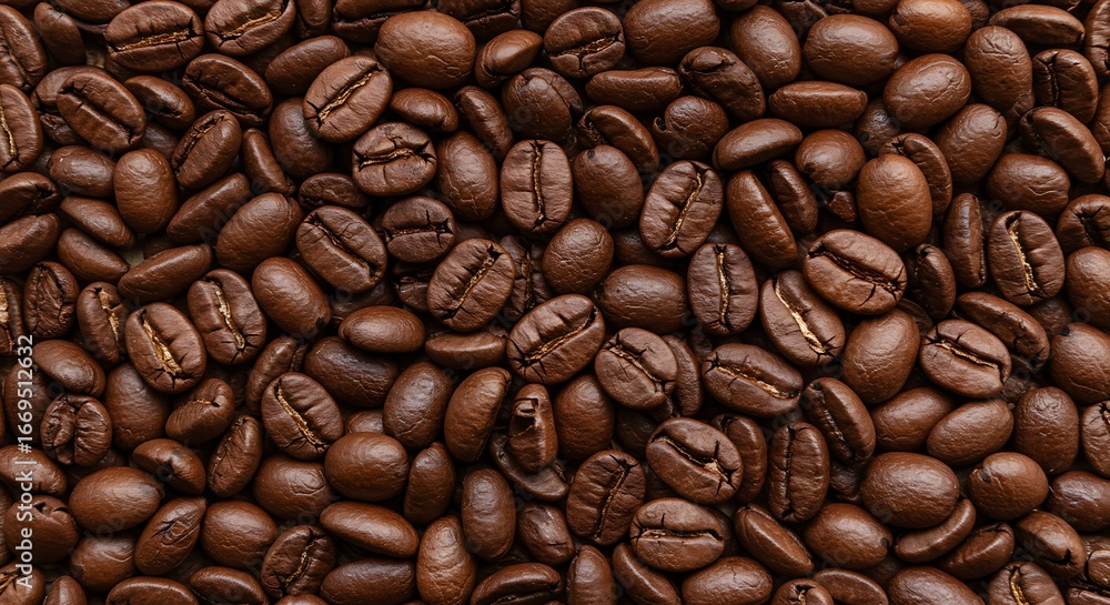 Fototapeta premium A textured background of rich, brown coffee beans, showcasing their rough surface and distinct grooves.