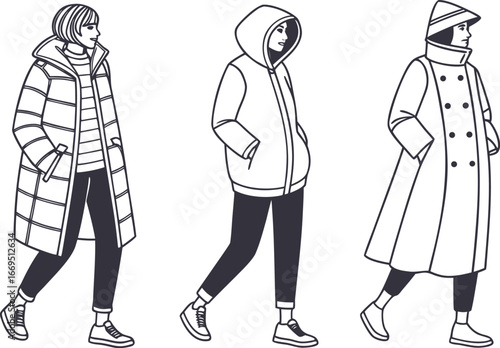 Vector art of three women in stylish winter coats and outfits, walking