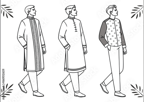 Vector art of three men in traditional indian kurtas and pants, showcasing different styles and patterns