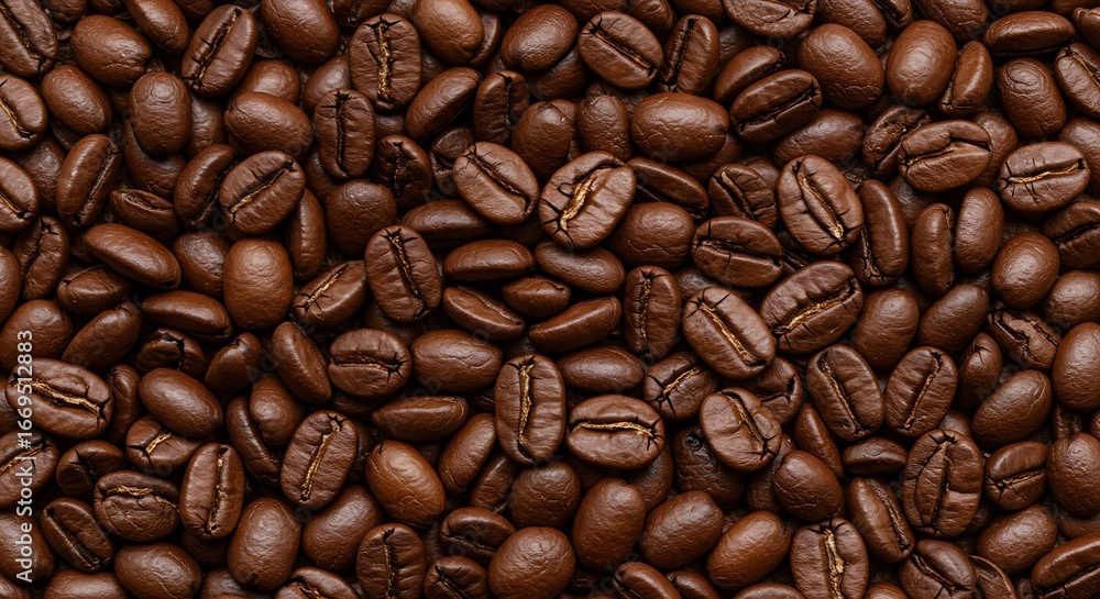 Fototapeta premium A textured background of rich, brown coffee beans, showcasing their rough surface and distinct grooves.
