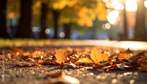 Autumn leaves scattered on a path, sunlit, shallow depth of field