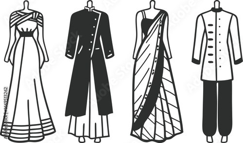 Vector art of collection of traditional indian clothing and modern fashion designs displayed on mannequins