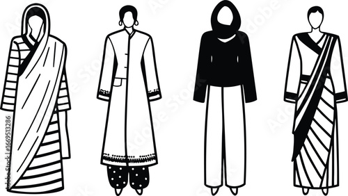 Vector art of four women in traditional indian clothing