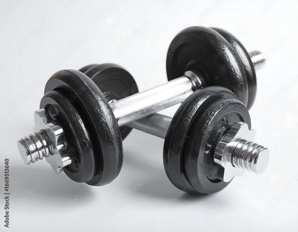 Fototapeta premium Two black dumbbells on a plain white background
