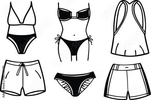 Vector art of collection of womens swimwear and beachwear, including a onepiece swimsuit, bikini, tank top, and shorts