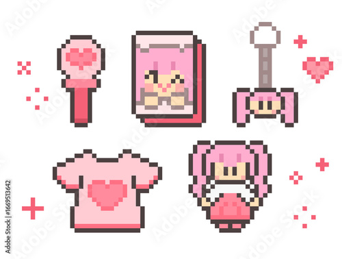 Fotografie Cute Pixel Art Icon Set of K-Pop Idol Goods Including a Lightstick, Photocard, and Keyring
