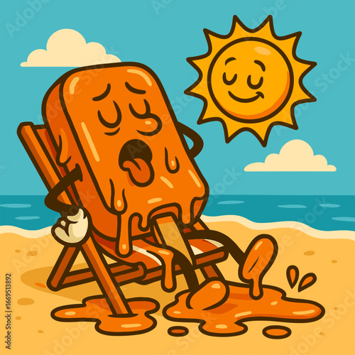 Frozen popsicle melting while sunbathing on a beach chair