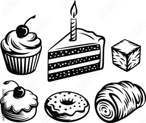 Assortment Of Baked Goods And Desserts Black And White Illustrations cupcake cake slice