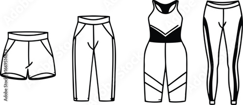 Vector art of collection of athletic wear including shorts, pants, and a jumpsuit