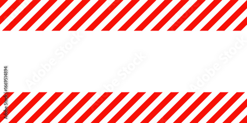 Warning sign with red and white diagonal lines. Attention, danger or caution symbol. Construction site signage, road safety notice, hazard banner, security alert shield. Vector illustration