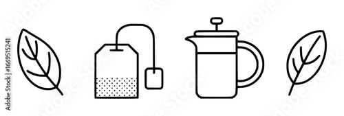 Black Line Art Icons of Tea Preparation and Leaves on White Background tea bag french press
