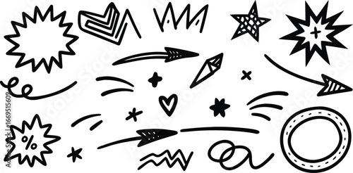 Vector art of collection of handdrawn doodle elements including arrows, stars, hearts, speech bubbles, and abstract shapes