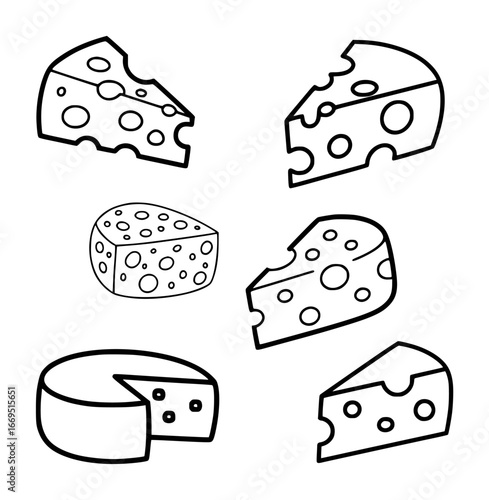 Collection of assorted cheese wedges and a wheel in black and white outline dairy