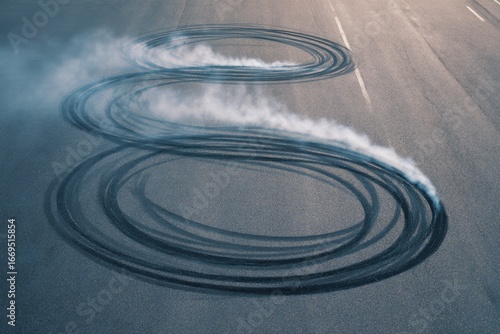 Asphalt art of tire smoke swirls
