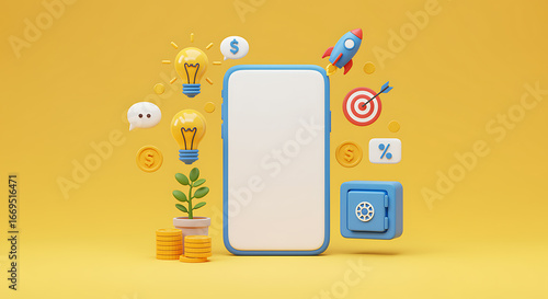 Smartphone with business growth and success symbols on yellow background