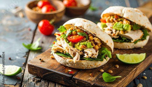 Two gourmet chicken and avocado sandwiches, loaded with chickpeas, fresh herbs, and colorful vegetables, presented on a rustic wooden board, perfect for a healthy lunch or light dinner.