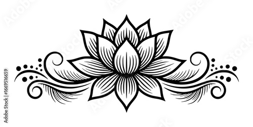 Ornate Black and White Lotus Flower Design with Swirls and Dots floral ornamental