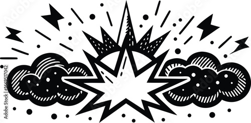 Vector art of dynamic black and white graphic depicting an explosive burst between two stylized clouds with lightning and dots