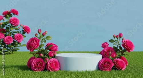 Stunning pink roses framing a product display on vibrant green grass