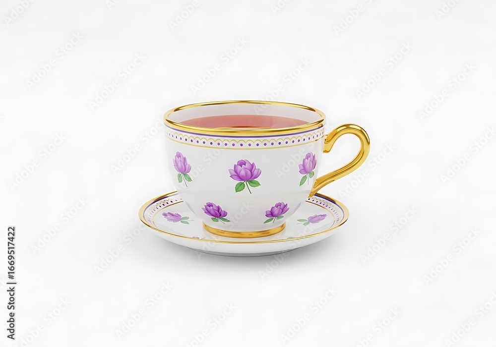 Fototapeta premium Teacup with Purple Flowers on White Background