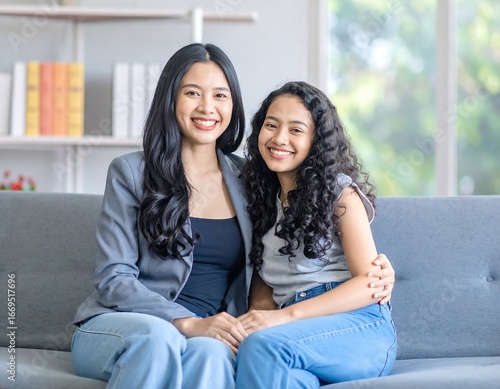 Two women sitting on couch, smiling